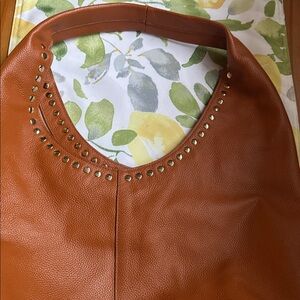 Women's Brown Leather Shoulder Bag with Stud Trim